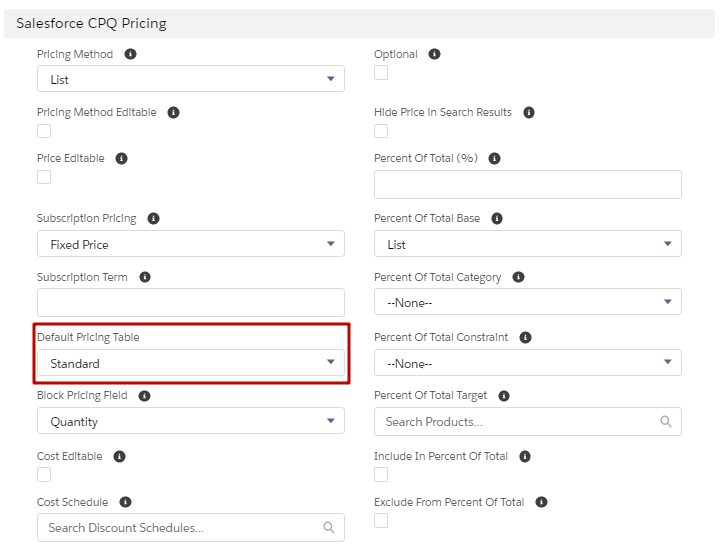 CPQ Product Pricing Fields